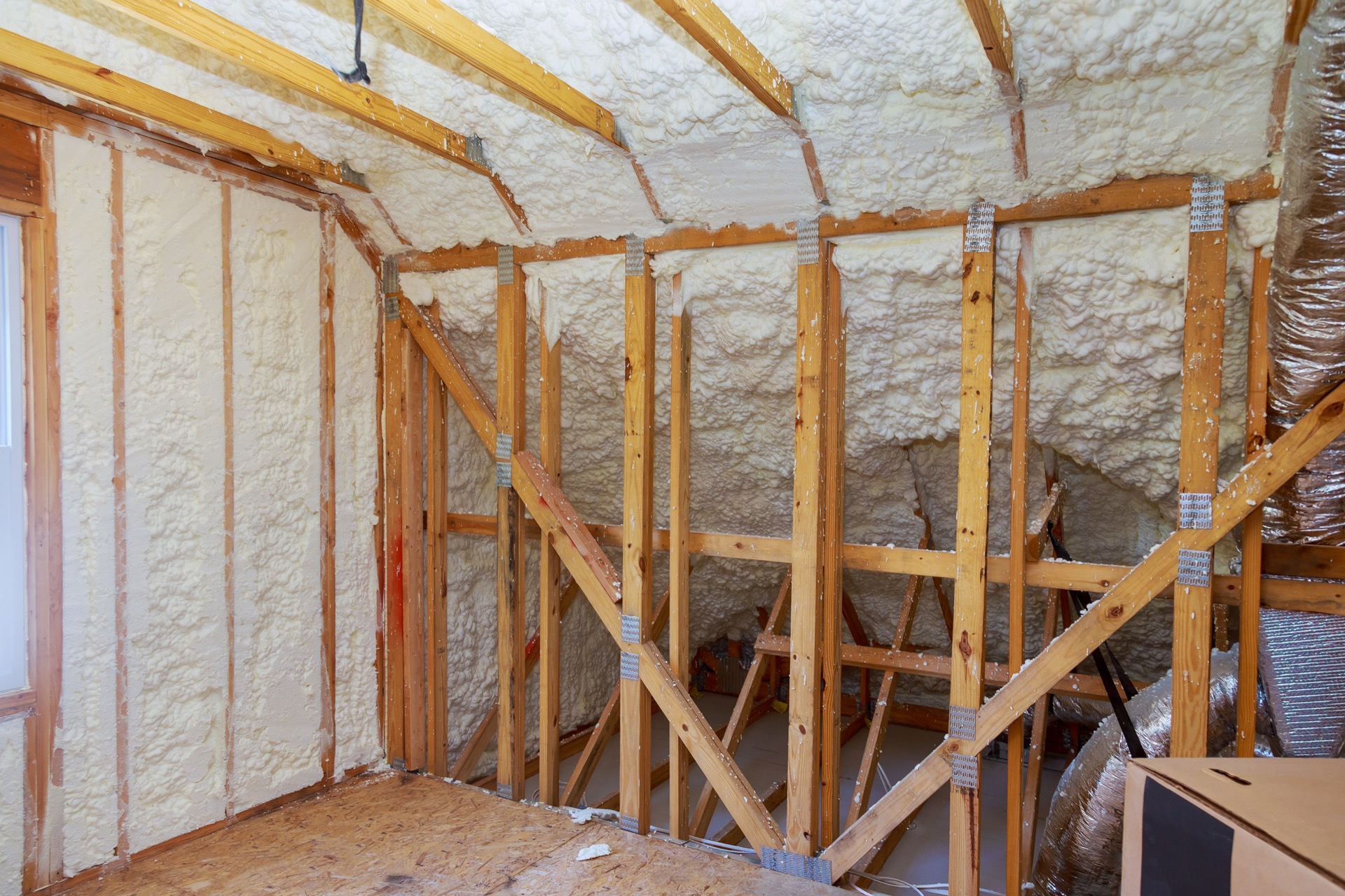 Residential house framing with spray foam insulation in Bozeman, MT
